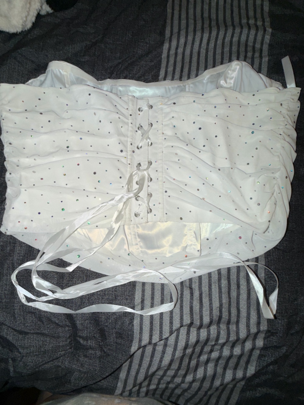 White Rhinestone Lace-Up Bustier Crop Top 5x